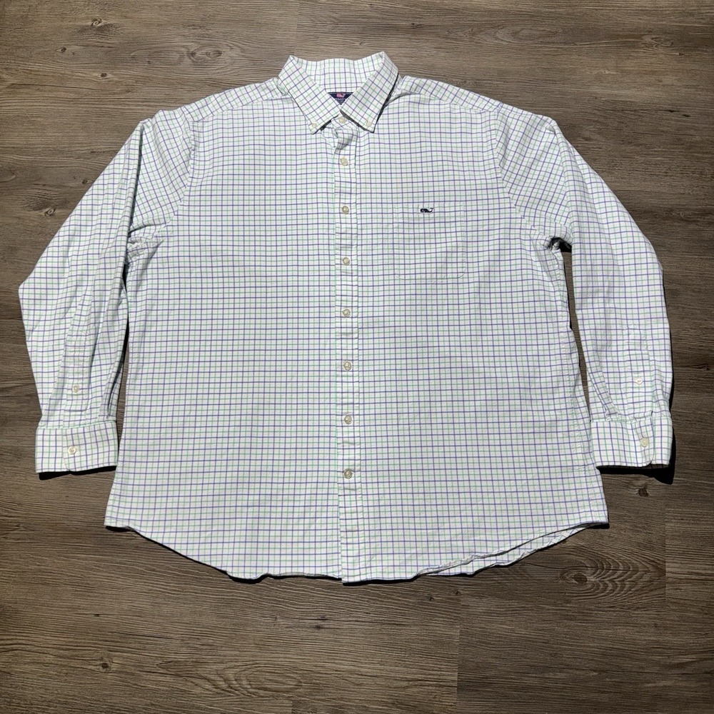 Vineyard Vines Men's XXL Slim Fit Tucker Shirt Blue Green Plaid Cotton Stretch